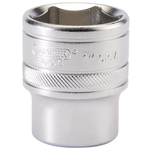 A Draper 6 Point Imperial Socket, 1/2" Square Drive, 1", made from robust chrome vanadium steel, featuring a knurled grip and micro satin finish detailing.