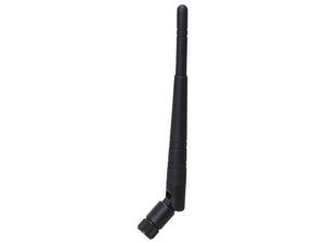 The Sparex S.166400 black wireless antenna features a slightly bent, segmented body and a swivel base, making it ideal for enhancing the range and signal strength of wireless devices. This antenna perfectly complements other Sparex products.