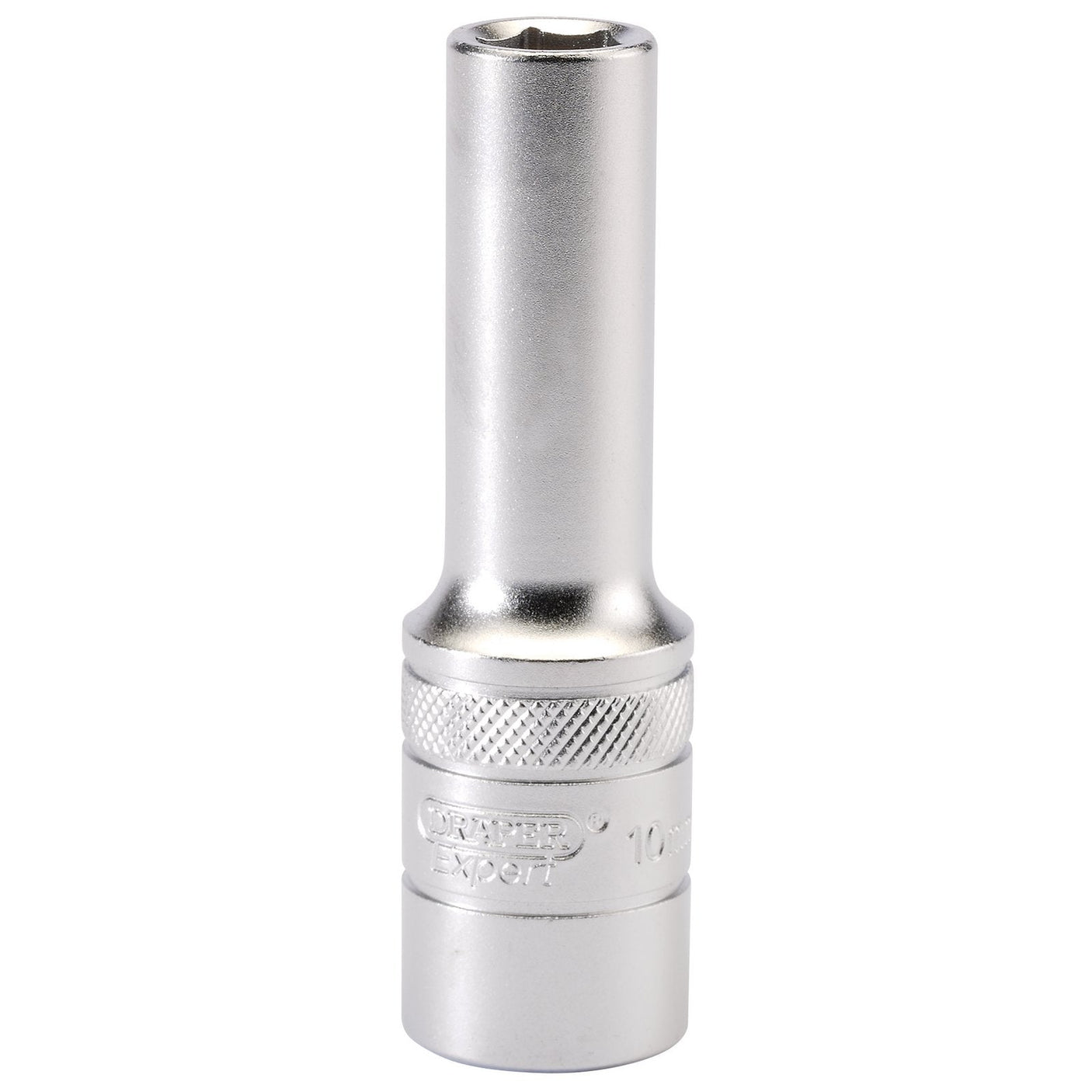 A silver, cylindrical Draper 6 Point Metric Deep Socket, 1/2" Sq. Dr., 10mm - HT-MM/MS crafted from chrome vanadium steel with a knurled grip. It features the branding text "Draper" and "10 mm" engraved on the surface, and it's designed with a 6 point socket for optimal grip on fasteners.