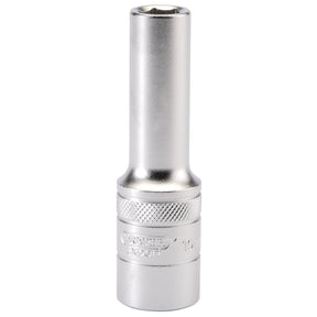 A silver, cylindrical Draper 6 Point Metric Deep Socket, 1/2" Sq. Dr., 10mm - HT-MM/MS crafted from chrome vanadium steel with a knurled grip. It features the branding text "Draper" and "10 mm" engraved on the surface, and it's designed with a 6 point socket for optimal grip on fasteners.