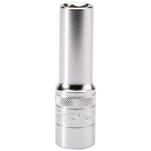 Close-up of the Draper 6 Point Metric Deep Socket, 1/2" Sq. Dr., 12mm - HT-MM/MS, made from chrome vanadium steel, featuring a chrome finish and knurled grip.