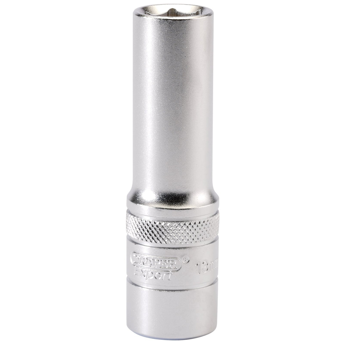 The Draper 6 Point Metric Deep Socket, 1/2" Sq. Dr., 13mm - HT-MM/MS, crafted from shiny chrome vanadium steel and featuring a knurled grip, is designed for fastening or loosening nuts and bolts.