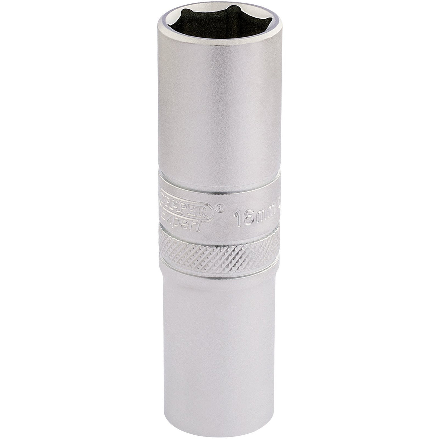 The Draper 6 Point Metric Deep Socket, 1/2" Sq. Dr., 16mm - HT-MM/MS is a metallic, cylindrical socket made from chrome vanadium steel. It features a knurled ring for grip and a hexagonal opening labeled as 16mm.