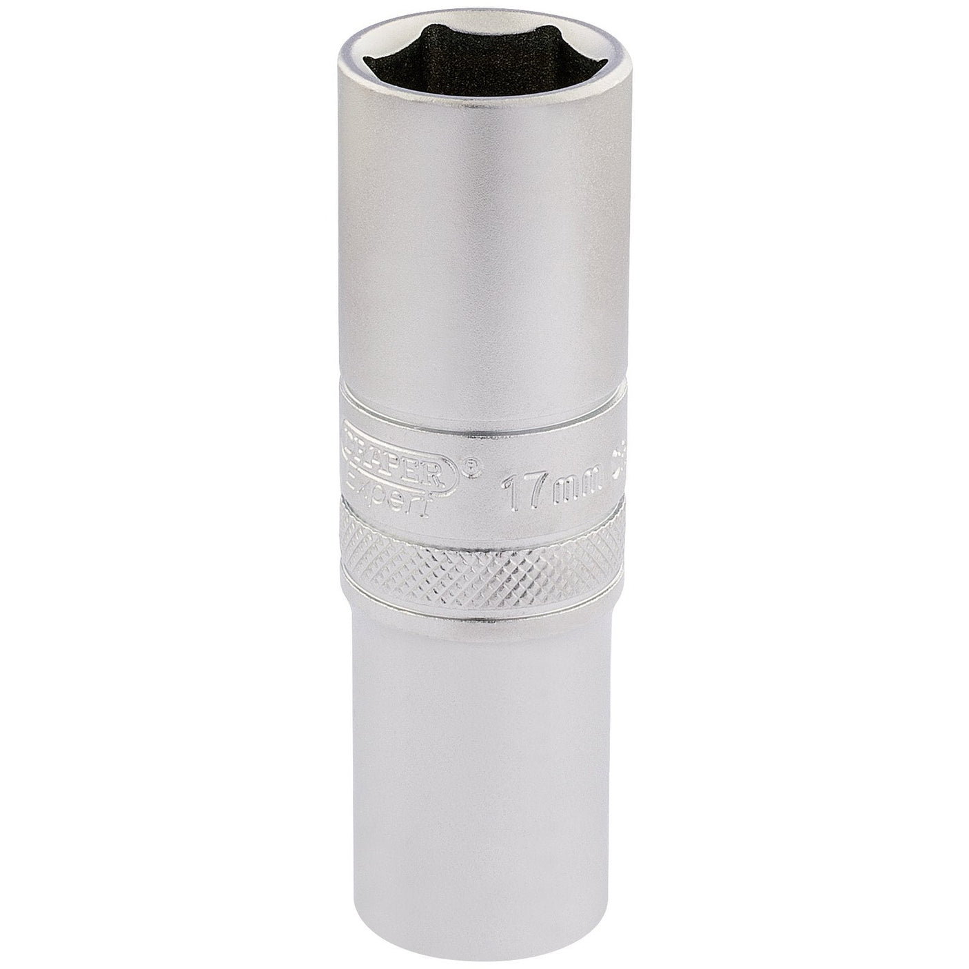 The Draper 6 Point Metric Deep Socket, 1/2" Sq. Dr., 17mm - HT-MM/MS is a silver socket wrench crafted from durable chrome vanadium steel and features a textured grip section in the middle for enhanced handling.