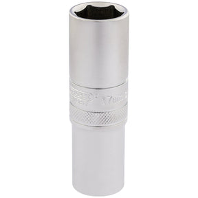 The Draper 6 Point Metric Deep Socket, 1/2" Sq. Dr., 17mm - HT-MM/MS is a silver socket wrench crafted from durable chrome vanadium steel and features a textured grip section in the middle for enhanced handling.