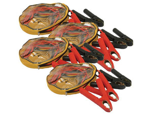 Four sets of Sparex Jump Leads (Part Number: S.166504) featuring heavy-duty handles and black and red clamps, packaged in yellow zippered pouches.