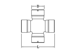 A technical diagram of the Sparex Universal Joint - (Standard Duty) cross-shaped pipe fitting, labeled with dimensions D for width and L for length, featuring Sparex-verified specifications is provided.