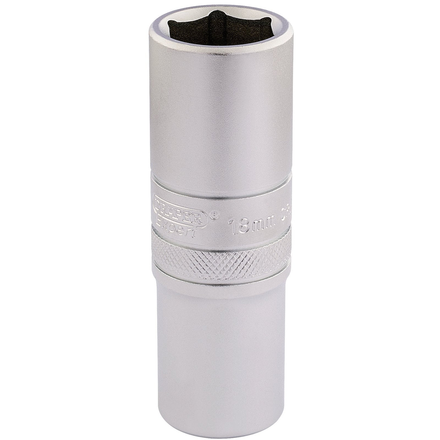 The Draper 6 Point Metric Deep Socket, 1/2" Sq. Dr., 18mm - HT-MM/MS is a metallic socket made from chrome vanadium steel with a knurled ring, ideal for tightening or loosening nuts and bolts.