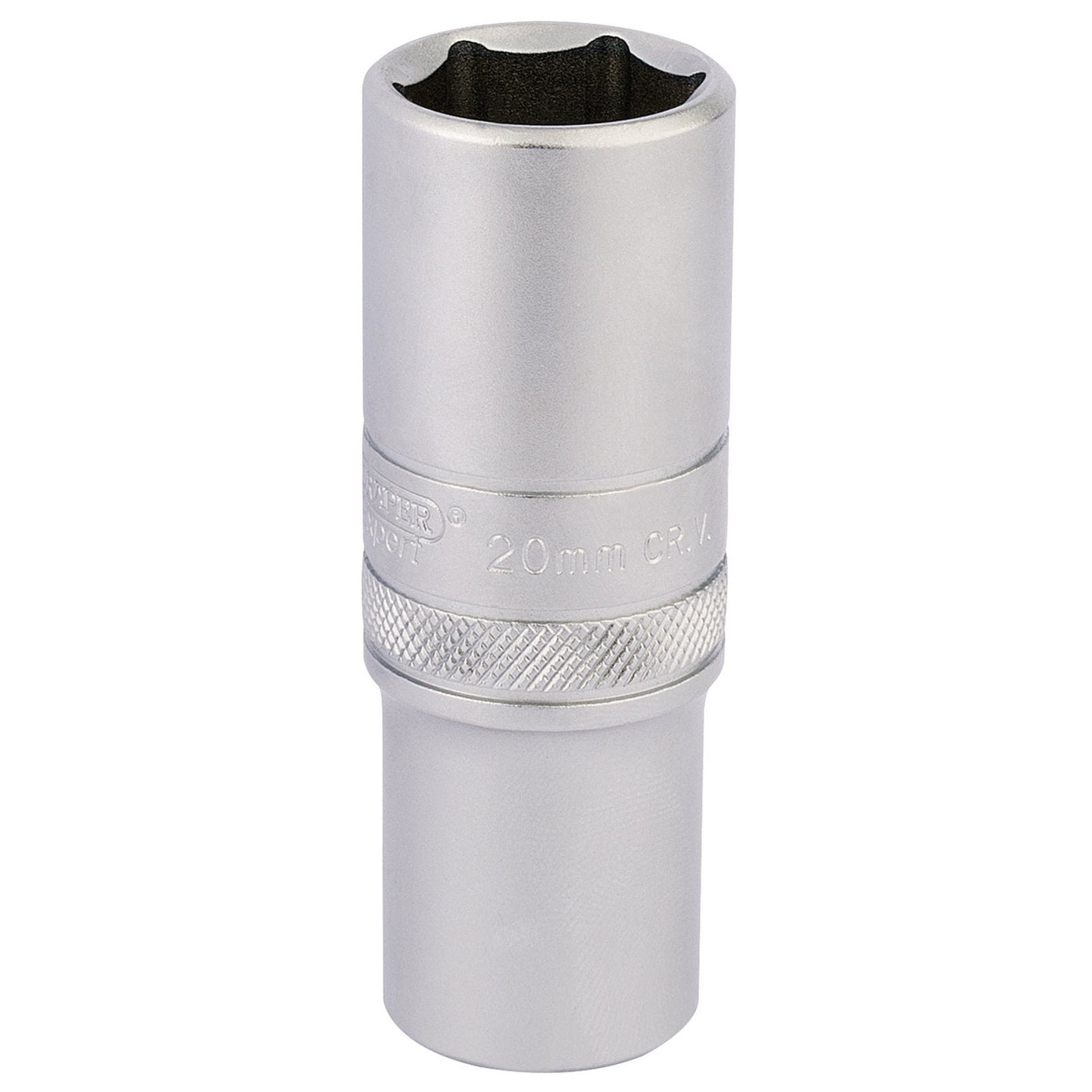 The Draper 6 Point Metric Deep Socket, 1/2" Sq. Dr., 20mm - HT-MM/MS is made from chrome vanadium steel, features a textured band for grip, and adheres to ISO3315 specifications.