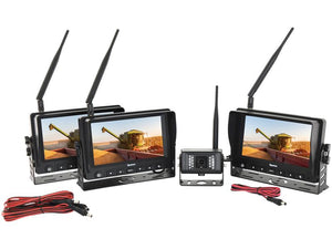 The Sparex Wireless Digital Vehicle Camera System includes a 7" digital wireless monitor displaying a farm scene, one IP69K-rated CMOS camera, an additional camera unit, and multiple power cables.