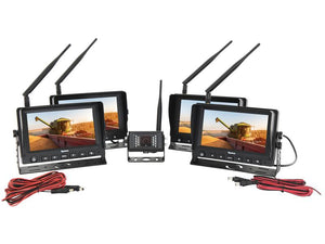 The Sparex Wireless Digital Vehicle Camera System includes four 7" digital wireless monitors with antennas displaying an image of farming equipment, accompanied by cables and a central CMOS camera. These IP69K-rated monitors offer a 120° angle view, ensuring you see everything clearly. The system also features four removable sun visors and a comprehensive manual. Part Number: S.166609.