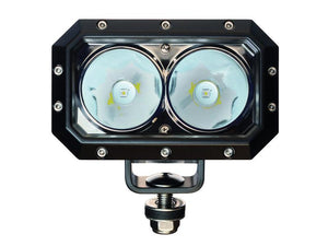 Close-up of the Sparex LED Head Light, featuring a rectangular design with a black frame and two circular light lenses. This dual LED off-road light boasts 4000 Lumens brightness and is mounted on a screw bracket. The product operates within 9-36V and complies with Interference Class 3 ratings, suitable for both RH & LH spot beam applications. (Sparex Part Number: S.166698)