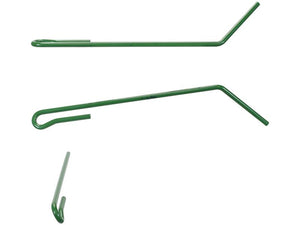 Three green Sparex Seeder Tines (Ø9mm, Length: 419mm) of varying sizes and bent angles, arranged on a white background, perfect for your Grange & Walter projects.