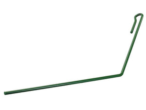 The Sparex Seeder Tine (Product Code: S.166707), a 635mm long, 9mm diameter green metal ground stake with a hook at one end, is perfectly designed for securing objects to the ground and features an optimal fixing gap for enhanced stability.