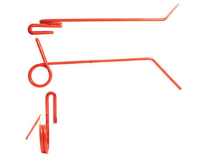 Three red metal hooks of different shapes and sizes against a white background, arranged vertically, exemplify the craftsmanship associated with Seeder Tine - Ø12mm, Length: 480mm To fit as: 72000110 | Sparex Part Number: S.166719 by Sparex.