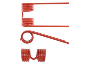 Three red metal torsion springs of different shapes and orientations are displayed on a white background, with one labeled as Pick-Up Tine Length:171mm, Width:66mm, Ø5.5mm - Replacement for John Deere To fit as: Z440510GK bearing Sparex Part Number S.166721.