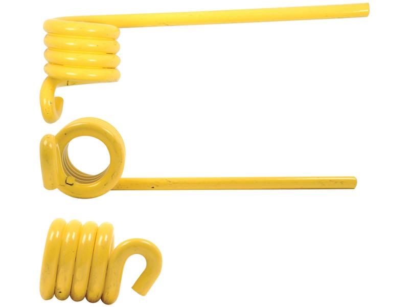 Yellow metal spring with extended straight sections on either end, shown from three different angles: side view, front view, and bottom view. This Sparex Wheel Rake Tine (241mm in length, 17mm in width, Ø5.5mm) is a replacement for John Deere part number Z102299 and can be referenced using Sparex Part Number S.166722 for fixing gaps in various assemblies.