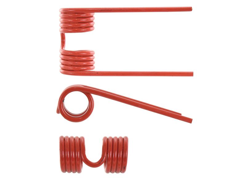 Three differently shaped red metal springs, sourced from Sparex, are displayed on a white background. The springs are Pick-Up Tine with dimensions of 175mm in length, 73mm in width, and a diameter of 6mm, and serve as replacements for Krone part number 270098361 (Sparex Part Number: S.166727).