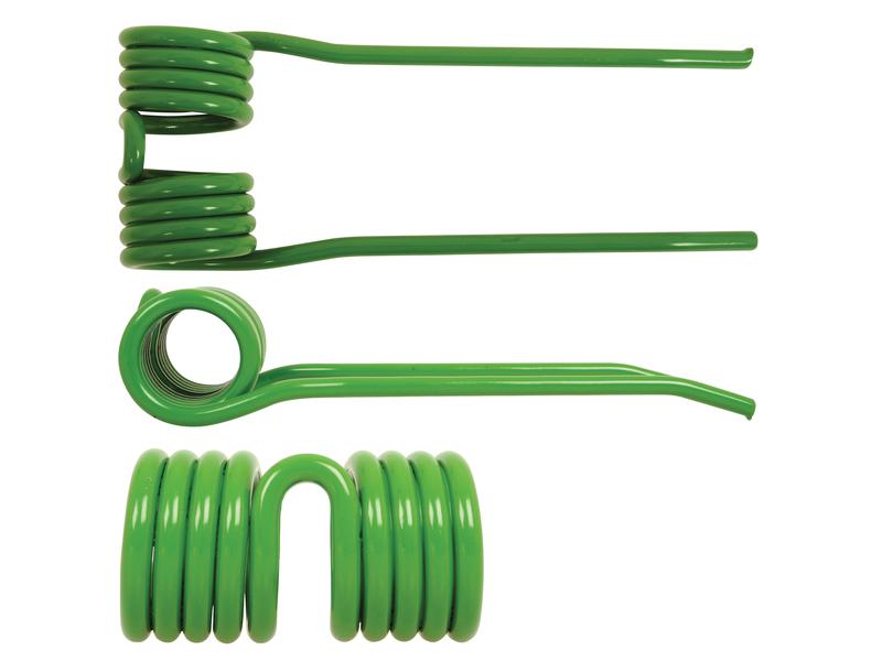 Three green Pick-Up Tine replacement torsion springs for Krone, each with a length of 165mm, a width of 67mm, and a diameter of 5.5mm (Sparex Part Number: S.166729), are displayed on a white background, exemplifying the precise engineering typical of Grange & Walter.