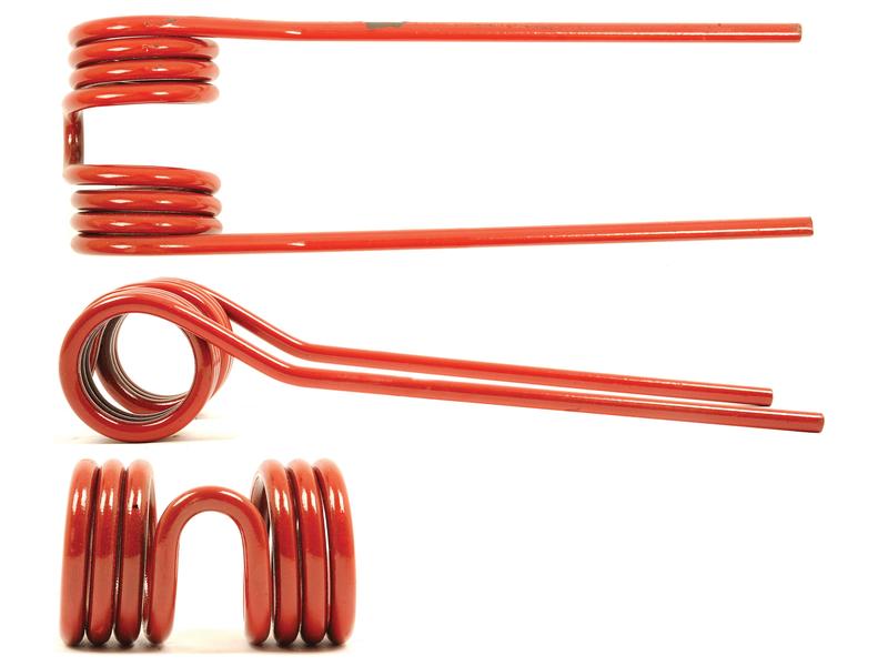 A Pick-Up Tine, model S.166730, is displayed in red from three different angles: side view, top view, and bottom view, highlighting its 74mm width. This industrial metal coil spring measures 159mm in length with a diameter of Ø5.5mm. It is a replacement part for Krone fitting as 9380401 and is branded by Sparex.