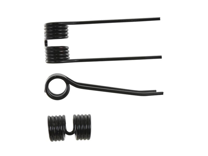 Three black metal torsion springs in various shapes and sizes, including the Sparex Pick-Up Tine (185mm length, 70mm width, Ø6mm), replacement for Mchale CTN00025 (Sparex Part Number: S.166734), are displayed against a white background, highlighting the precision of Grange & Walter engineering.