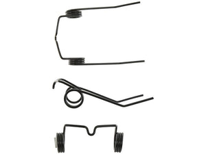 Three black metal torsion springs of varying shapes and sizes, similar to Sparex's Primary OE Reference selection, are displayed against a white background. These include the Pick-Up Tine with dimensions Length: 250mm, Width: 155mm, Ø5.5mm, which is a replacement for the Ford New Holland model and fits as part number 605340 (Sparex Part Number: S.166735).