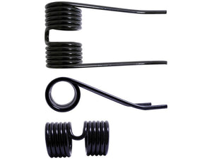 Three black Pick-Up Tine replacement torsion springs of different shapes and sizes are displayed against a white background, showcasing the high-quality craftsmanship typical of Sparex products.