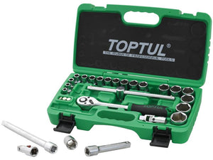 A green Sparex tool case, product name 28 pcs. Professional Grade 1/2'' Dr. Flank Socket Set and part number S.166751, containing a complete set of wrenches, a reversible ratchet handle, and 1/2'' Dr. sockets, all arranged neatly.