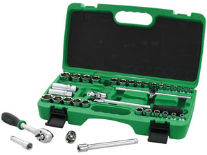 A green Sparex tool case containing the 35 pc. Professional Grade 3/8'' Dr. Flank Socket Set (Metric & SAE) with part number S.166752 is open on a white surface, showcasing various sockets, ratchet handles, and extension bars inside. Additional tools like a magnetic spark plug socket and a reversible ratchet handle are laid out in front of the case.