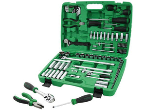 A green Sparex tool case, product name 97 pc. 1/4'' & 1/2'' Dr Tool Kit (Sparex Part Number: S.166753), is open to display a variety of tools including wrenches, screwdrivers, pliers, and an assortment of 1/4" Dr and 1/2" Dr sockets and bits.