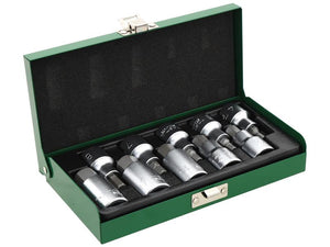 A green metal case containing ten Sparex S.166760 1/2" Dr. Hex Bit Sockets with a satin chrome finish, neatly arranged in foam padding.