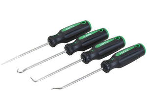 Set of four hook and pick tools with black and green ergonomic handles, labeled "Sparex." This versatile 4 pcs set, available under the Sparex Part Number S.166764, features different tip shapes including straight, curved, angled, and right-angled.