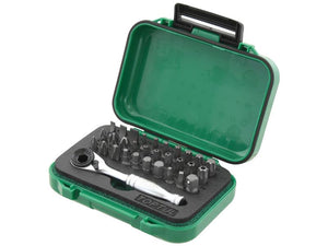 A green plastic case containing the Sparex 31 pcs. 1/4'' Hex Drive Mini Ratchet Bit Set (Sparex Part Number: S.166765), which includes various Hex Shank Insert Bits and a Mini Reversible Bit Ratchet Handle.