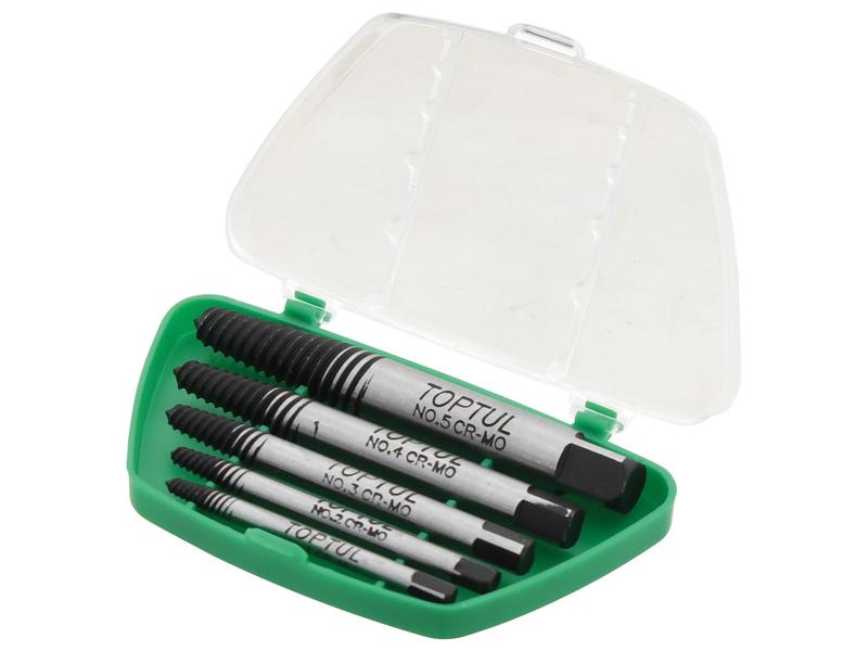 A green plastic case containing a 5 pcs. Screw Extractor Set by Sparex (Part Number: S.166769) with TOPTUL metal screw extractors, each labeled with size and specifications from M3 - M18, featuring a clear lid that opens.