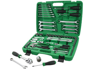 A green Sparex 96 pc. 1/4'' & 1/2'' Dr Tool Kit (Sparex Part Number: S.166771) case open to display an assortment of tools including wrenches, screwdrivers, pliers, Flank Sockets, and a Reversible Ratchet Handle, all organized neatly inside.