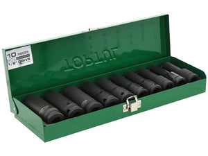 A green box contains 10 deep impact sockets lined up in a row, featuring a Black Phosphate finish. The text on the box proudly indicates it's a Sparex 1/2" drive 10 pc set (Part Number: S.166781).