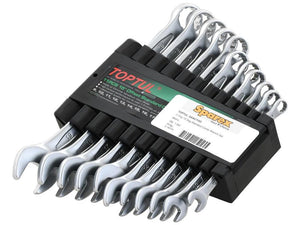 A set of 11 pc. 15° Offset Standard Combination Wrenches, ranging in sizes and neatly organized in a black plastic storage rack, with the brand name "Sparex" prominently displayed on the label (Part Number: S.166791).