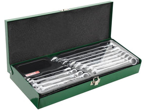 A green metallic box containing a Sparex 12 pc. Pro-Series Reversible Ratchet Combination Wrench Set, each satin chrome tool arranged neatly in foam compartments.