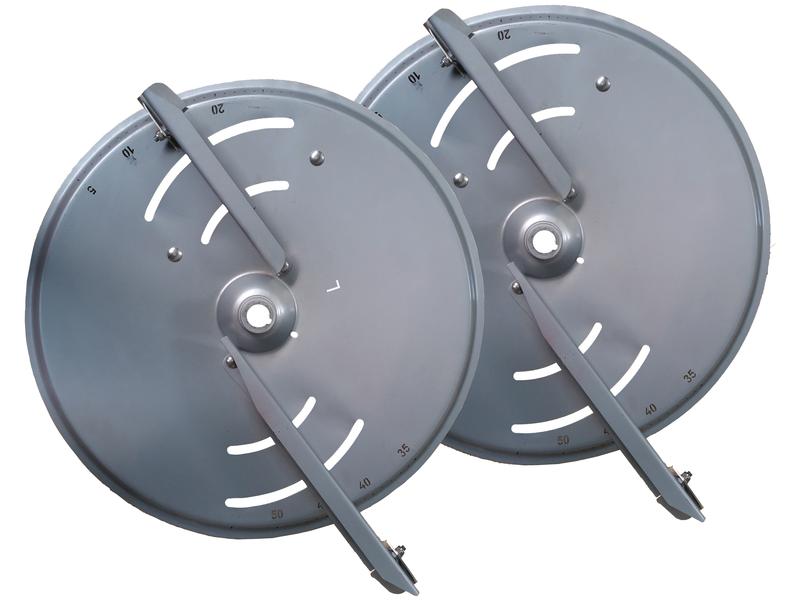 The Sparex Disc Kit (Vanes included), featuring two grey metal circular discs with attached curved levers, numbered markings around the perimeter, and crafted from durable stainless steel for RH & LH fitment (Amazone), offers working widths of 10-16M and delivers Sparex-quality precision.