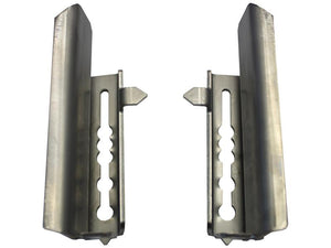 Two Sparex Vanes Kit, RH & LH (Part Number: S.166829) metal mounting brackets with slotted holes and protruding tabs, positioned side by side, face each other.