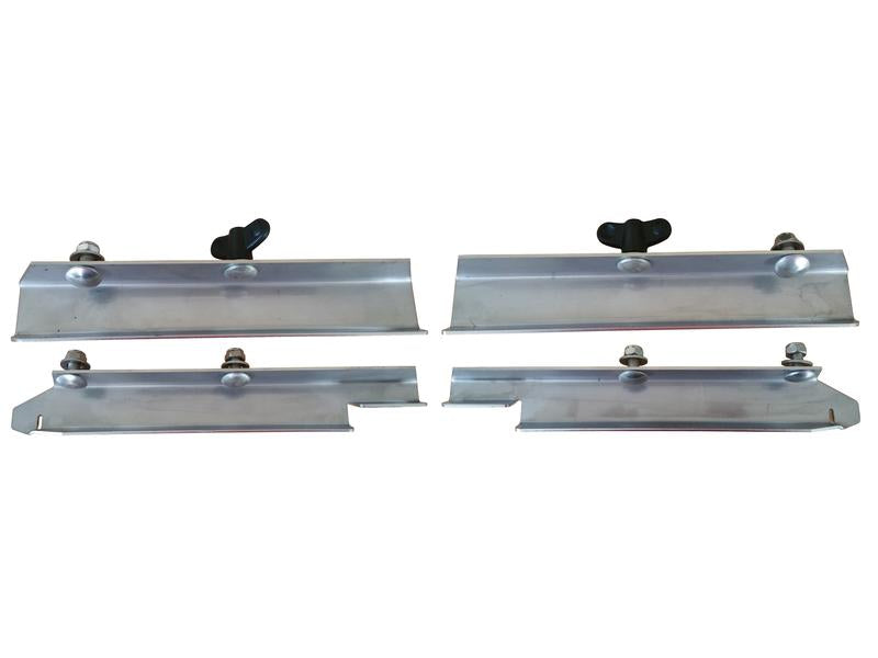 The Adjustable Vanes Kit (245 - 295mm) RH & LH (Sulky) from Sparex, part number S.166831, includes four high-quality silver metal brackets with black thumbscrew adjustments. These durable fasteners are designed to securely mount or secure various objects, ensuring reliable performance and stability.