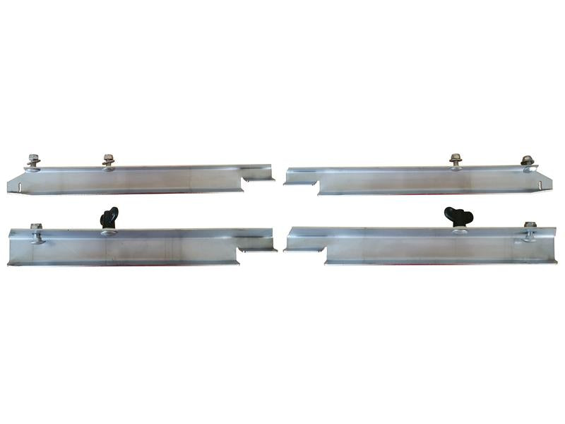 The Adjustable Vanes Kit (350 - 425mm) RH & LH (Sulky) by Sparex, part number S.166833, includes four stainless steel roof rack mounting brackets with screws and bolts. These are arranged in a horizontal row and offer a maximum adjustment of 425mm. The Sparex brand guarantees durability and reliability.