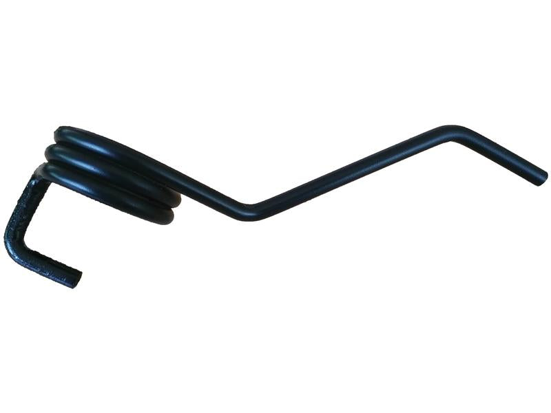 The Agitator 270mm (Sulky) by Sparex, known as part S.166835, is a black metal torsion spring constructed from Spring Steel, featuring three coils and two extended arms—one straight and one bent.