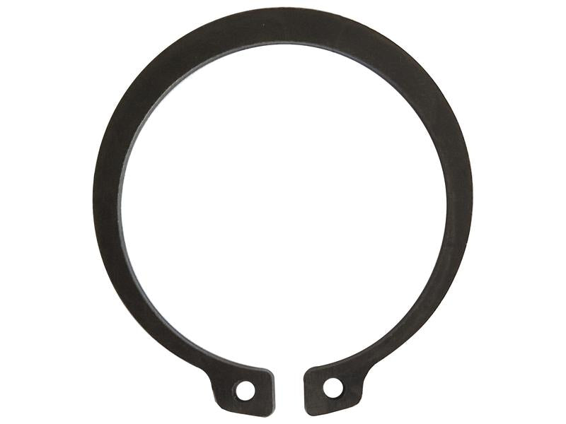 A black, circular External Circlip (DIN standard) with two small holes at the ends, perfect for various applications. Ideal for those in need of high-quality Sparex components. Sparex Part Number: S.166896.