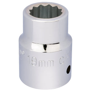 The Draper 12 Point Socket, 3/4" Sq. Dr., 19mm - T-MM/B from Draper, crafted from chrome vanadium steel, is designed for turning nuts and bolts. It features a polished finish that ensures both durability and precision.