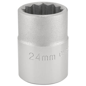 The Draper 12 Point Socket, 3/4" Sq. Dr., 24mm - T-MM/B features a polished finish and is crafted from chrome vanadium steel with a precise 12-point star design.