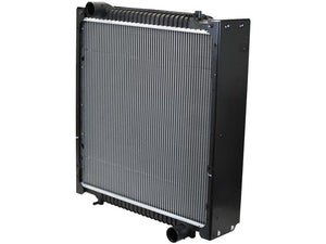 The Sparex Radiator (Part Number: S.166943) features rows of cooling fins and black side tanks, designed for heat dissipation in automotive or machinery systems. It comes with a 50mm inlet and outlet for efficient fluid transfer, ensuring reliable quality and performance from the Sparex brand.