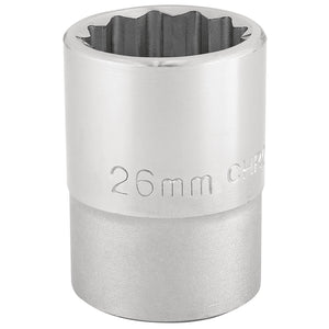 The Draper 12 Point Socket, 3/4" Sq. Dr., 26mm - T-MM/B is a chrome vanadium steel socket wrench attachment with a polished finish, featuring a ridged interior and a 12-point socket design.