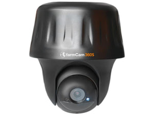 A black Sparex FarmCam 360S (UK) surveillance camera with a product number S.166966, featuring a rounded top, front-facing lens, night vision capabilities, and a 122° viewing angle.