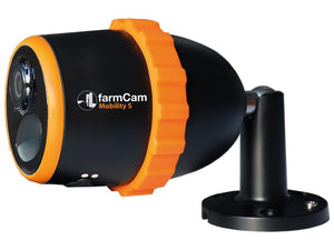 Close-up of a black and orange Farmcam Mobility S (Sparex Part Number S.166968) camera with night vision, mounted on a black stand, by Sparex.